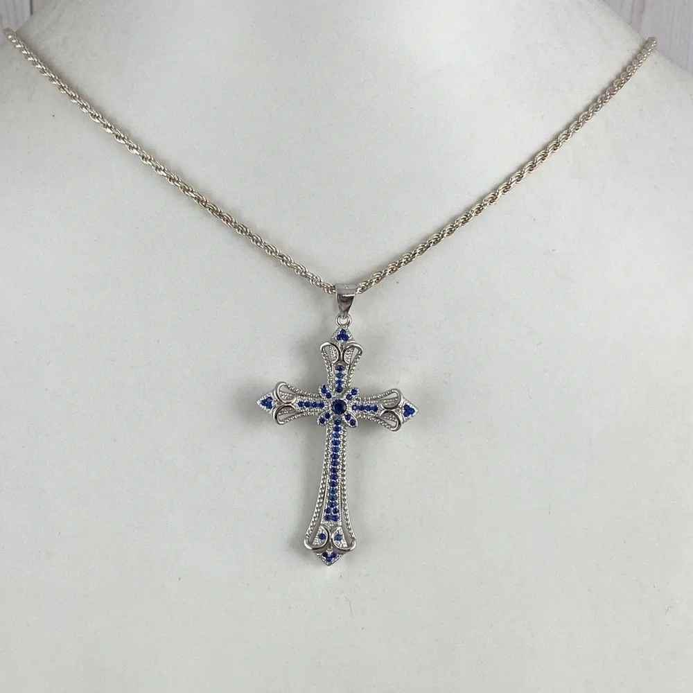 Sold Blue Sapphires 925 Silver Cross - Picture 7 of 10